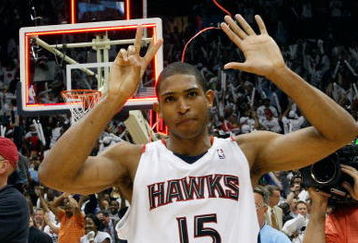 ATLANTA - MAY 02: Al Horford #15 of the Atlanta Hawks celebrates after defeating the Boston Celtics 103-100 in Game Six of the Eastern Conference Quarterfinals during the 2008 NBA Playoffs at Phillips Arena on May 2, 2008 in Atlanta Georgia.  NOTE TO USER: User expressly acknowledges and agrees that, by downloading and or using this photograph, User is consenting to the terms and conditions of the Getty Images License Agreement.  (Photo by Chris Graythen/Getty Images)