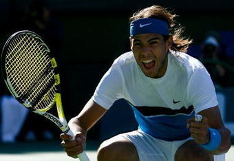 INDIAN WELLS, CA - MARCH 22:  Rafael Nadal of Spain celebrates winning match point over Andy Murray of Great Britain in the final of the BNP Paribas Open on March 22, 2009 at the Indian Wells Tennis Garden in Indian Wells, California.  (Photo by Jeff Gross/Getty Images)