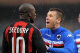 GENOVA, ITALY - MARCH 01: Antonio Cassano of Sampdoria confronts Clarence Seedorf of Milan during the Serie A match between Sampdoria and Milan at the Stadio Marassi on March 01, 2009 in Geneva, Italy. (Photo by New Press/Getty Images)