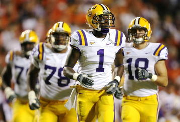 AUBURN, AL - SEPTEMBER 20:  Wide receiver Brandon LaFell #1 of the LSU Tigers leads the offense onto the field while taking on the Auburn Tigers at Jordan-Hare Stadium on September 20, 2008 in Auburn, Alabama. LSU defeated Auburn 26-21.  (Photo by Doug Benc/Getty Images)