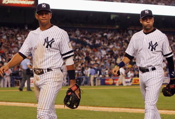 NEW YORK - SEPTEMBER 21: Alex Rodriguez #13 (L) and Derek Jeter #2 of the New York Yankees walk back to the dugout against the Baltimore Orioles during the last regular season game at Yankee Stadium on September 21, 2008 in the Bronx borough of New York City. The Yankees are playing their final season in the 85 year old ball park and plan on moving into the new Yankee Stadium across the street to start the 09 season. (Photo by Jim McIsaac/Getty Images) 