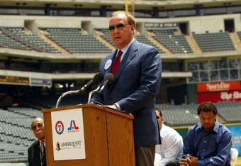 ARLINGTON, TX - MAY 7:  Tom Hicks, owner of the Texas Rangers, speaks during a press conference for the newly named Ameriquest Field in Arlington on May 7, 2004 in Arlington, Texas.  The Texas Rangers and Ameriquest Mortgage Company announced a 30-year agreement naming the former Ballpark in Arlington to Ameriquest Field in Arlington.  (Photo by Ronald Martinez/Getty Images)