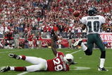 GLENDALE, AZ - JANUARY 18:  Wide receiver DeSean Jackson #10 of the Philadelphia Eagles catches a 62-yard touchdown in front of cornerback Dominique Rodgers-Cromartie #29 of the Arizona Cardinals in the fourth quarter during the NFC championship game on January 18, 2009 at University of Phoenix Stadium in Glendale, Arizona.  (Photo by Jed Jacobsohn/Getty Images)