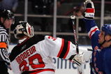 NEW YORK - APRIL 13: Sean Avery #16 of the New York Rangers tries to screen Martin Brodeur #30 of the New Jersey Devils during game three of the 2008 NHL Eastern Conference Quarterfinals on April 13, 2008 at Madison Square Garden in New York City.  (Photo by Jim McIsaac/Getty Images)