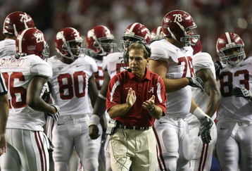 ATLANTA - AUGUST 30:  Head coach Nick Saban of the Alabama Crimson Tide cheers his team on after making a fourth down stop late in the game against the Clemson Tigers at the Georgia Dome on August 30, 2008 in Atlanta, Georgia. Alabama defeated Clemson 34-10.  (Photo by Doug Benc/Getty Images)