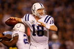 SAN DIEGO - JANUARY 03:  Quarterback Peyton Manning #18 of the Indianapolis Colts drops back to pass during the AFC Wild Card Game against the San Diego Chargers on January 3, 2009 at Qualcomm Stadium in San Diego, California.  (Photo by Harry How/Getty Images)