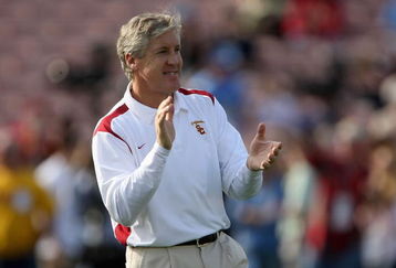 PASADENA, CA - DECEMBER 06:  Head coach Pete Carroll of the USC Trojans smiles during warm ups before the game against the UCLA Bruins on December 6, 2008 at the Rose Bowl in Pasadena, California.  (Photo by Stephen Dunn/Getty Images)