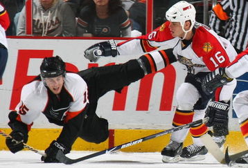 PHILADELPHIA - MARCH 26: Nathan Horton #16 of the Florida Panthers stops Joffrey Lupul #15 of the Philadelphia Flyers at the Wachovia Center March 26, 2009 in Philadelphia, Pennsylvania. The Panthers defeated the Flyers 4-2. (Photo by Bruce Bennett/Getty Images)