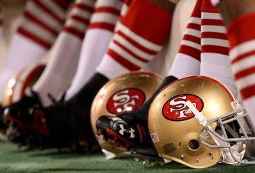 SAN FRANCISCO - SEPTEMBER 10:  A gerneral view of a San Francisco 49ers helmet during an NFL game between Arizona Cardinals and San Francisco 49ers on September 10, 2007 at Monster Park in San Francisco, California.  (Photo by Jed Jacobsohn/Getty Images)