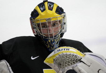 DENVER - APRIL 09:  Goalie Billy Sauer #36 of the Michigan Wolverines is seen during a break in the action during practice for the 2008 Men's Frozen Four Championship at the Pepsi Center on April 9, 2008 in Denver, Colorado.  (Photo by Doug Pensinger/Getty Images)  