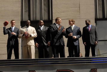 NEW YORK - APRIL 24:  (L-R)  Former college football players Matt Ryan, Glenn Dorsey, Vernon Gholston, Jake Long, Chris Long, and Darren McFadden pose on the Radio City Music Hall marquee after the NFL Draft Media Luncheon April 24, 2008 in New York City.  (Photo by Jonathan Fickies/Getty Images)
