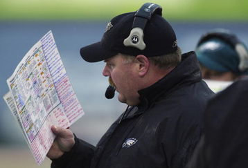 CHAMPAIGN, IL-NOVEMBER 3:  Andy Reid Head Coach of the Philadelphia Eagles reads the game plan against the Chicago Bears during the NFL game on November 3, 2002 at Memorial Stadium at the University of Illinois in Champaign, Illinois.  The Eagles defeated the Bears 19-13. (Photo by Jonathan Daniel/Getty Images)