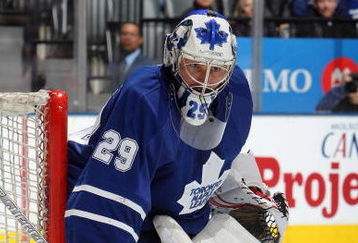 TORONTO - MARCH 14:  Martin Gerber #29 of the Toronto Maple Leafs defends the net against the Calgary Flames during the game at Air Canada Centre on March 14, 2009 in Toronto, Ontario, Canada. (Photo by Dave Sandford/Getty Images)