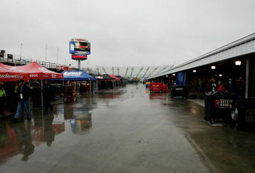 MARTINSVILLE, VA - MARCH 27: A general view of the  garage area as rain falls during qualifying for the NASCAR Sprint Cup Series Goody's Fast Pain Relief 500 at the Martinsville Speedway on March 27, 2009 in Martinsville, Virginia.  (Photo by Geoff Burke/Getty Images)