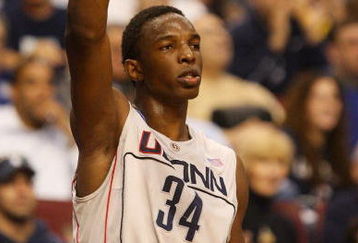 PHILADELPHIA - MARCH 21:  Hasheem Thabeet #34 of the Connecticut Huskies reacts from the bench during the game against the Texas A&M Aggies during the second round of the NCAA Division I Men's Basketball Tournament at the Wachovia Center on March 21, 2009 in Philadelphia, Pennsylvania.  (Photo by Jim McIsaac/Getty Images)