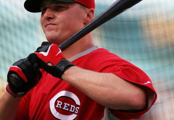MIAMI - JUNE 07:  Jay Bruce #32 of the Cincinnati Reds takes batting practice prior to playing against the Florida Marlins at Dolphin Stadium June 7, 2008 in Miami, Florida.  (Photo by Marc Serota/Getty Images)