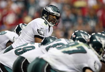 GLENDALE, AZ - JANUARY 18:  Quarterback Donovan McNabb #5 of the Philadelphia Eagles looks down the line during the NFC championship game against the Arizona Cardinals on January 18, 2009 at University of Phoenix Stadium in Glendale, Arizona.  (Photo by Jed Jacobsohn/Getty Images)