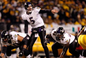PITTSBURGH - JANUARY 18:  Joe Flacco #5 of the Baltimore Ravens calls out signals at the line of scrimmmage against the Pittsburgh Steelers during the AFC Championship game on January 18, 2009 at Heinz Field in Pittsburgh, Pennsylvania.  (Photo by Streeter Lecka/Getty Images)
