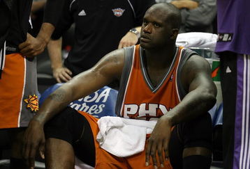 SAN ANTONIO - APRIL 22:  Center Shaquille O'Neal #32 of the Phoenix Suns sits on the bench against the San Antonio Spurs in Game Two of the Western Conference Quarterfinals during the 2008 NBA Playoffs at the AT&T Center on April 22, 2008 in San Antonio, Texas. NOTE TO USER: User expressly acknowledges and agrees that, by downloading and or using this photograph, User is consenting to the terms and conditions of the Getty Images License Agreement.  (Photo by Ronald Martinez/Getty Images)