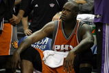 SAN ANTONIO - APRIL 22:  Center Shaquille O'Neal #32 of the Phoenix Suns sits on the bench against the San Antonio Spurs in Game Two of the Western Conference Quarterfinals during the 2008 NBA Playoffs at the AT&T Center on April 22, 2008 in San Antonio, Texas. NOTE TO USER: User expressly acknowledges and agrees that, by downloading and or using this photograph, User is consenting to the terms and conditions of the Getty Images License Agreement.  (Photo by Ronald Martinez/Getty Images)