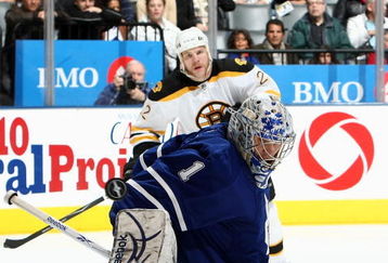 TORONTO - MARCH 28:  Justin Pogge #1 of the Toronto Maple Leafs turns aside a shot as Shawn Thornton #22 of the Boston Bruins looks on during their NHL game at the Air Canada Centre March 28, 2009 in Toronto, Ontario.(Photo By Dave Sandford/Getty Images)