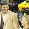 IOWA CITY, IA - DECEMBER 12: Olympic medalist Shawn Johnson (R) and actor Ashton Kutcher are honored during halftime of the Iowa-Iowa State college basketball game on December 12, 2008 at the University of Iowa in Iowa City, Iowa. Johnson and Kutcher, both from Iowa, were in Iowa City raising money for flood relief charities in Eastern Iowa after a 500 year flood devastated the area. (Photo by David Greedy/Getty Images)