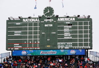 CHICAGO - JANUARY 01:  The center field scoreboard is seen with the todays out of town games during the NHL Winter Classic the Chicago Blackhawks between the Detroit Red Wings at Wrigley Field on January 1, 2009 in Chicago, Illinois.  (Photo by Jamie Squire/Getty Images)