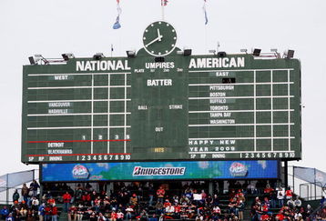 CHICAGO - JANUARY 01:  The center field scoreboard is seen with the todays out of town games during the NHL Winter Classic the Chicago Blackhawks between the Detroit Red Wings at Wrigley Field on January 1, 2009 in Chicago, Illinois.  (Photo by Jamie Squire/Getty Images)