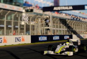 MELBOURNE, AUSTRALIA - MARCH 29:  (EDITORS NOTE: A TILT SHIFT LENS WAS USED IN THE CREATION OF THIS IMAGE) Jenson Button of Great Britain and Brawn GP drives on his way to winning the Australian Formula One Grand Prix at the Albert Park Circuit on March 29, 2009 in Melbourne, Australia.  (Photo by Robert Cianflone/Getty Images)