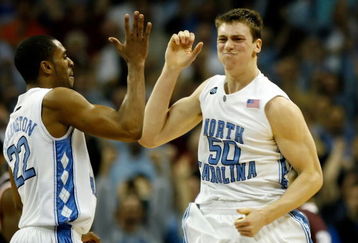 CHARLOTTE, NC - MARCH 15:  Tyler Hansbrough #50 of the North Carolina Tar Heels reacts with teammate Wayne Ellington #22 after Hansbrough made the game-winning shot with .8 seconds left against the Virginia Tech Hokies during the semifinals of the 2008 Men's ACC Basketball Tournament at Bobcats Arena on March 15, 2008 in Charlotte, North Carolina.  (Photo by Kevin C. Cox/Getty Images)