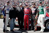 MARTINSVILLE, VA - MARCH 29: (L-R) The Hendrick Motorsports team including Jimmie Johnson, driver of the #48 Lowe's Chevrolet, Geoffrey Bodine, Team Owner Rick Hendrick, Mark Martin, driver of the #5 CARQUEST/Kellogg's Chevrolet, Jeff Gordon, driver of the #24 DuPont Chevrolet, and Dale Earnhardt Jr., driver of the #88 National Guard/AMP Energy Chevrolet, stand on the grid prior to the start of the NASCAR Sprint Cup Series Goody's Fast Pain Relief 500 at the Martinsville Speedway on March 29, 2009 in Martinsville, Virginia.  (Photo by Jerry Markland/Getty Images for NASCAR)