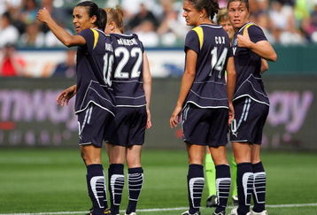 CARSON, CA - MARCH 29:  Marta #10, Manya Makoski #22, Stephanie Cox #14 and Camille Abily #20 of the Los Angeles Sol line up the defensive wall in the first half against a free kick by the Washington Freedom during the WPS game at The Home Depot Center on March 29, 2009 in Carson, California.  The Sol defeated the Freedom 2-0. (Photo by Victor Decolongon/Getty Images)