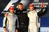 MELBOURNE, AUSTRALIA - MARCH 29:  Race winner Jenson Button (right) of Great Britain and Brawn GP celebrates with Team Principal Ross Brawn (centre), second placed Rubens Barrichello (left) of Brazil and Brawn GP after the Australian Formula One Grand Prix at the Albert Park Circuit on March 29, 2009 in Melbourne, Australia.  (Photo by Mark Thompson/Getty Images)