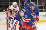 NEW YORK - MARCH 22: Michal Rozsival #33 of the New York Rangers clears the puck from in front of the goal against the Ottawa Senators on March 22, 2009 at Madison Square Garden in New York City.  (Photo by Nick Laham/Getty Images)