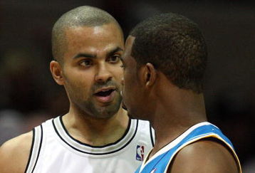 SAN ANTONIO - JANUARY 31:  Guard Tony Parker #9 of the San Antonio Spurs talks with Chris Paul #3 of the New Orleans Hornets on January 31, 2009 at AT&T Center in San Antonio, Texas.  NOTE TO USER: User expressly acknowledges and agrees that, by downloading and/or using this Photograph, user is consenting to the terms and conditions of the Getty Images License Agreement.  (Photo by Ronald Martinez/Getty Images)