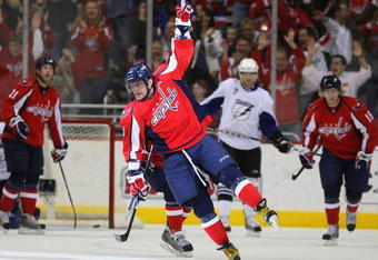 WASHINGTON - MARCH 27: Alex Ovechkin #8 of the Washington Capitals celebrates his first period goal against the Tampa Bay Lightning on March 27, 2009 at the Verizon Center in Washington, D.C. (Photo by Bruce Bennett/Getty Images)