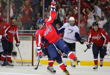 WASHINGTON - MARCH 27: Alex Ovechkin #8 of the Washington Capitals celebrates his first period goal against the Tampa Bay Lightning on March 27, 2009 at the Verizon Center in Washington, D.C. (Photo by Bruce Bennett/Getty Images)