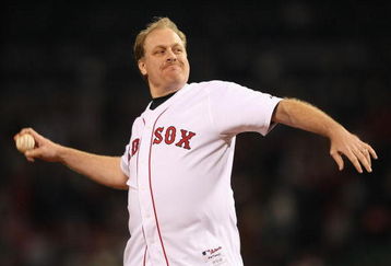 BOSTON - OCTOBER 16:  Curt Schilling of the Boston Red Sox throws out the first pitch of game five of the American League Championship Series against the Tampa Bay Rays during the 2008 MLB playoffs at Fenway Park on October 16, 2008 in Boston, Massachusetts.  (Photo by Elsa/Getty Images)