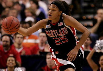 BOSTON - APRIL 02:  Marissa Coleman #25 of the Maryland Terrapins brings the ball up the court against the North Carolina Tar Heels during the 2006 Women's NCAA Basketball Championship Semifinals on April 2, 2006 at the TD Banknorth Garden in Boston, Massachusetts.  (Photo by Elsa/Getty Images)
