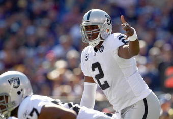 BALTIMORE - OCTOBER 26:  Quarterback JaMarcus Russell #2 of the Oakland Raiders calls the play during the game against the Baltimore Raven at M&T Bank Stadium on October 26, 2008 in Baltimore, Maryland. (Photo by: Chris McGrath/Getty Images)