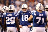 INDIANAPOLIS - DECEMBER 07:  Peyton Manning #18 of the Indianapolis Colts stands in the huddle with his teammates against the Cincinnati Bengals at Lucas Oil Stadium on December 7, 2008 in Indianapolis, Indiana.  (Photo by Andy Lyons/Getty Images)