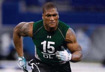 INDIANAPOLIS, IN - FEBRUARY 23:  Defensive lineman Larry English of Northern Illinois runs during the NFL Scouting Combine presented by Under Armour at Lucas Oil Stadium on February 23, 2009 in Indianapolis, Indiana. (Photo by Scott Boehm/Getty Images)