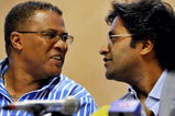 CAPE TOWN, SOUTH AFRICA - MARCH 24:  IPL Commissioner Lalit Modi (R) and Cricket South Africa CEO Gerald Majola attend a press conference at the Wanderers Gymnasium on March 24, 2009 in Johannesburg, South Africa. IPL chief Lalit Modi today announced that the IPL Twenty20 2009 tournament will be held in South Africa from April 18.  (Photo by Duif du Toit/Gallo Images/Getty Images)