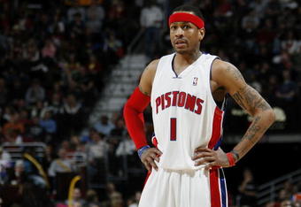 CLEVELAND - FEBRUARY 22:  Allen Iverson #1 of the Detroit Pistons looks on while playing the Cleveland Cavaliers on February 22, 2009 at the Quicken Loans Arena in Cleveland, Ohio. Cleveland won the game 99-78. NOTE TO USER: User expressly acknowledges and agrees that, by downloading and or using this photograph, User is consenting to the terms and conditions of the Getty Images License Agreement.  (Photo by Gregory Shamus/Getty Images)