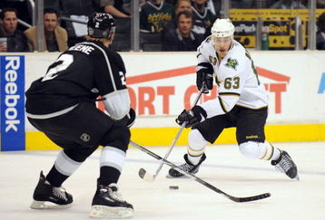 LOS ANGELES, CA - MARCH 05:  Mike Ribeiro #63 of the Dallas Stars skates in on Matt Greene #2 of the Los Angeles Kings during the game at the Staples Center on March 5, 2008 in Los Angeles, California.  (Photo by Harry How/Getty Images)