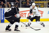 LOS ANGELES, CA - MARCH 05:  Mike Ribeiro #63 of the Dallas Stars skates in on Matt Greene #2 of the Los Angeles Kings during the game at the Staples Center on March 5, 2008 in Los Angeles, California.  (Photo by Harry How/Getty Images)