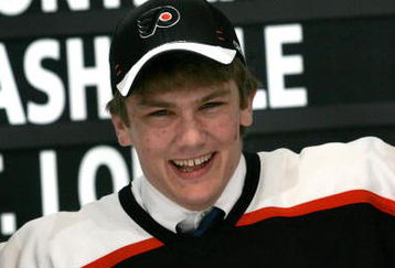 COLUMBUS, OH - JUNE 22:  Second overall pick James vanRiemsdyk of the Philadelphia FLyers poses onstage after being drafted in the first round of the 2007 NHL Entry Draft at Nationwide Arena on June 22, 2007 in Columbus, Ohio.  (Photo by Bruce Bennett/Getty Images)