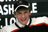 COLUMBUS, OH - JUNE 22:  Second overall pick James vanRiemsdyk of the Philadelphia FLyers poses onstage after being drafted in the first round of the 2007 NHL Entry Draft at Nationwide Arena on June 22, 2007 in Columbus, Ohio.  (Photo by Bruce Bennett/Getty Images)