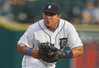 DETRIOT - JULY 8: Miguel Cabrera #24 of the Detroit Tigers gets ready on field against the Cleveland Indians on July 8, 2008 at Comerica Park in Detroit, Michigan. (Photo by: Gregory Shamus/Getty Images)