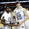 MEMPHIS, TN - MARCH 29:  (L-R) Ty Lawson #5 and Tyler Hansbrough #50 of the North Carolina Tar Heels pose with the South Regional trophy after defeating the Oklahoma Sooners during the NCAA Men's Basketball Tournament South Regional Final at the FedExForum on March 29, 2009 in Memphis, Tennessee. The Tar Heels defeated the Sooners 72-60 to advance to the Final Four.  (Photo by Joe Murphy/Getty Images)